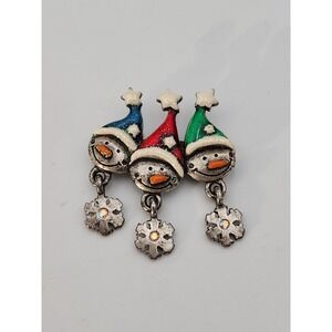 Vintage Christmas Brooch By‎ AJMC - 3 Snowmen In Hats With Dangling Snowflakes